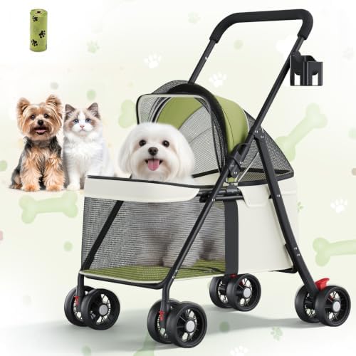GTPLAYER Foldable Pet Stroller for Small Dogs & Cats up to 33 lbs, Pet Stroller with 360° Swivel Lockable Front Wheels, Rear Brakes, Safety Tethers, Breathable Mesh, Cup Holder, Lime Green by GTPLAYER