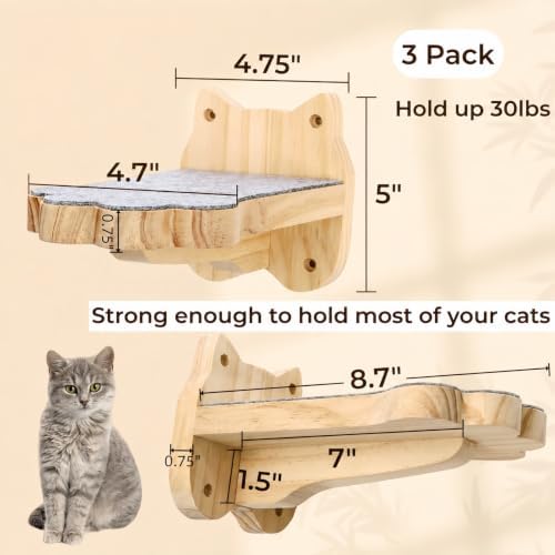 Tlence 3 Pack Cat Wall Shelves for Cats Steps, Wall Mounted Floating Cat Furniture with Non-Slip Felt, Cats Climbing Wall Stairs Perch for Jumping, Playing and Lounging, Holds up to 30lbs - Image 2