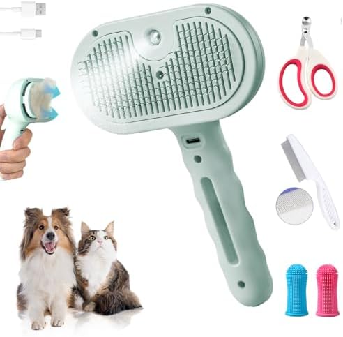 Pet Steam Brush for Dogs and Cats, 3 in 1 Steam Grooming Brush for Hair Shedding and Removal, Cleaning Spray Comb with Mist for Long-Haired Pets, Include Flea Comb, Nail Clippers, 2 Pet Toothbrushes by Petayouj
