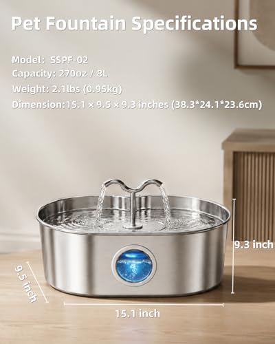 8L/270oz/2Gallon Stainless Steel Dog Water Fountain Pet Fountain - Image 3