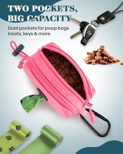 Dog Poop Bag Holder for Leashes, Pink Doggie Waste Bag Dispenser and Treat Holder, with Carabiner Hook and Poop Bag Clip, Used Waterproof Wear-Resistant Fabric and 2 Zippered Pouches for Walking - Image 2