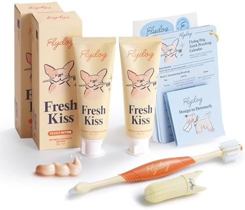 FlyDog Fresh Kiss Dog Tooth Brushing Kit - Vet Approved Formula, Enzymatic Dog Toothpaste and Brush - Breath Freshener & Tartar Remover, 360° Toothbrush & Finger Brush, Dental Guide, Peanut Butter by FlydogPremiumPetCare