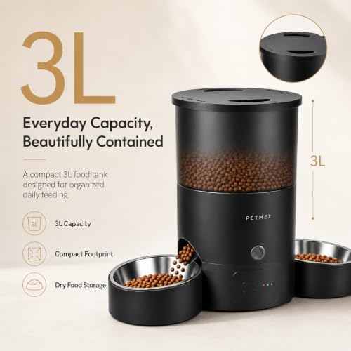 3L Cat Treat Dispenser with Dual Stainless Steel Cat Bowls - Quiet Automatic Cat Feeder for 2 Cats with App Control, 2 Way Audio, Dual Power Options, Self-Feeding Cat Food Dispenser - Black - Image 6