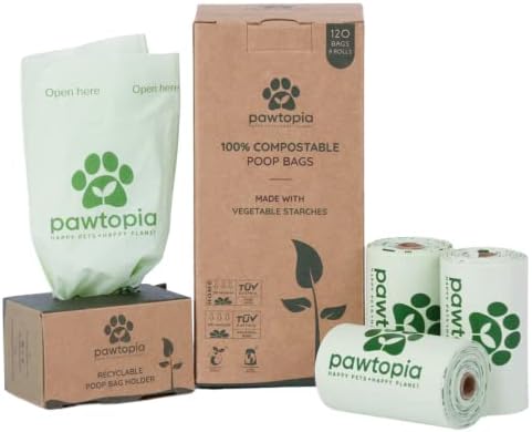 Pawtria Home Compostable Dog Poop Bags (120) with Paper Poop Bag Dispenser by Pawtopia