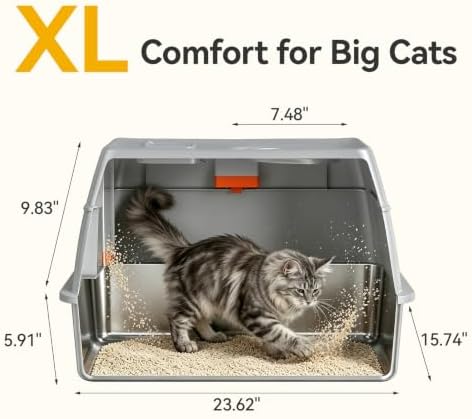 XL Enclosed Stainless Steel Litter Box with Lid, Light Gray - Image 2
