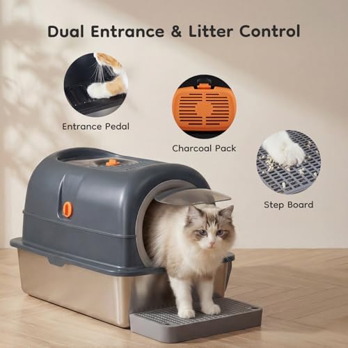 OLIXIS Stainless Steel Enclosed Litter Box with Lid, High Sided - Image 3