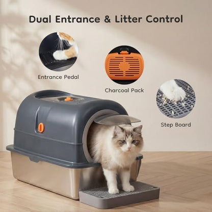OLIXIS Stainless Steel Enclosed Litter Box with Lid, High Sided - Image 3