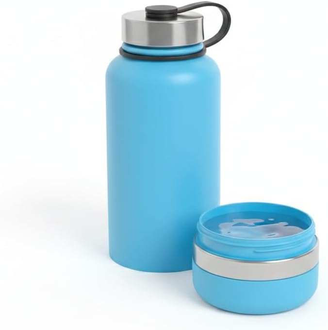 Stainless Steel Dog Water Bottle 32oz with Built-in Bowl, Leak-Proof Travel Pet Water Dispenser, Carry Loop for Walking, Hiking, Outdoor Use (Blue)