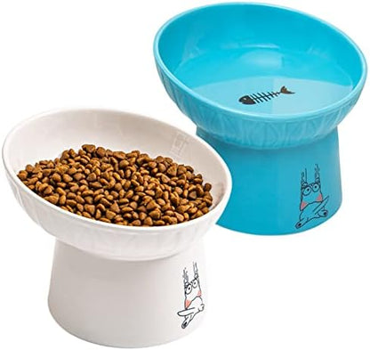 6.5 Inch Wide Ceramic Raised Cat Bowls, Tilted Elevated Cat Food Bowl Set by OMAYKEY