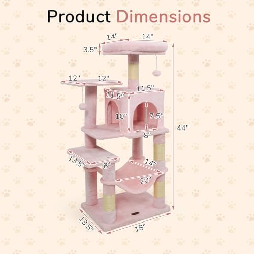DORTALA Cat Tree for Indoor Cats, 44" Modern Cat Tower with Top Perch, Condo, Hammock, Sisal Scratching Posts, Dangling Balls, Platforms, Multi-Level Pet Climbing Furniture Playground (Pink) - Image 6