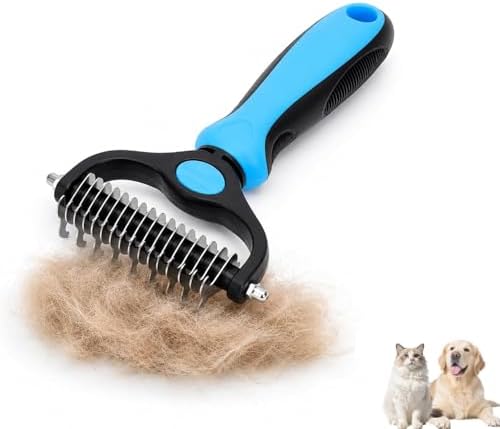 Dematting Comb for Dogs and Cats, Undercoat Pet Brush for Long Hair, Deshedding Brush for Dog Removes Tangles Knots and Loose Fur, 2-In-1 Double Tooth Comb Undercoat Rake Dog Brush by Bicotand