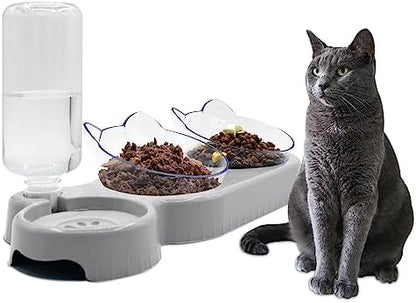 Triple Cat Bowls - 3-in-1 Water Feeder & Food Bowls with Automatic Water Bottle, Whisker Friendly, Elevated Feeding Dishes for Small Cats & Puppies (Lead White) by Y-ANNJYA