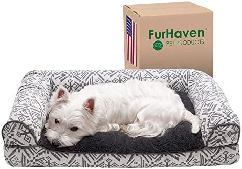 Furhaven Pillow Dog Bed for Medium/Small Dogs w/ Removable Bolsters & Washable Cover - Plush & Southwest Kilim Woven Decor Sofa - Boulder Gray, Medium by FurHaven