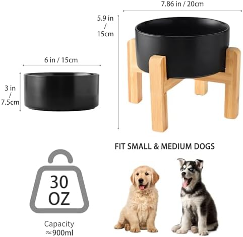 6'' Ceramic Raised Dog Bowl - 30Oz Dog Food & Water Bowl with Elevated Non-Slip Bamboo Stand, Dishwasher & Microwave Safe, Anti Vomiting Heavy Duty Pet Bowl for Small and Medium Dogs, Black - Image 3