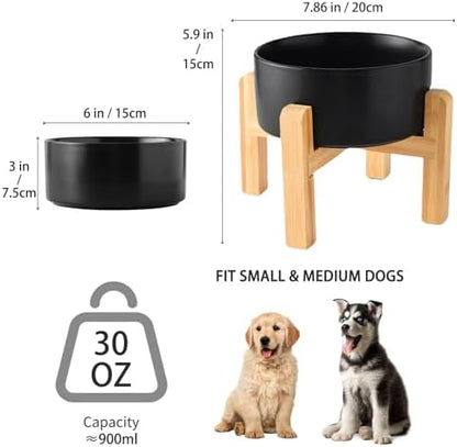 6'' Ceramic Raised Dog Bowl - 30Oz Dog Food & Water Bowl with Elevated Non-Slip Bamboo Stand, Dishwasher & Microwave Safe, Anti Vomiting Heavy Duty Pet Bowl for Small and Medium Dogs, Black - Image 3