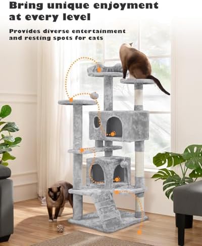 Yaheetech 54in Cat Tree Tower, 2 Caves, Kitten-Ear Perch & Scratching Posts - Image 2
