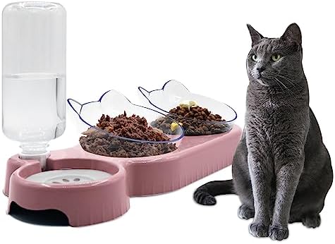Triple Cat Bowls,15°Tilt 3-in-1 Water Feeder Bowls Cat Double Food Bowls with Automatic Water Bottle Bowl, Whisker Friendly Wet and Dry Cat Elevated Feeding Dishes for Small Cat and Puppy (Pink) by Y-ANNJYA