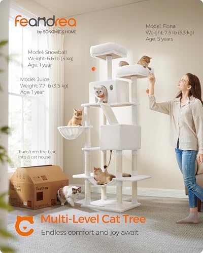 Feandrea Cat Tree, 81.1-in Large Cat Tower, Multi-Level Condo, Cream White - Image 3
