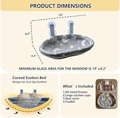 Cat Window Perch Hammock - Glow in the Dark Cordless Foldable Pet Bed with Sturdy Metal Frame & Strong Suction Cups, Star Print Resting Seat for Indoor Cats with Removable Washable Cover - Image 4