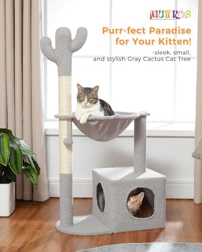 MUTTROS Cactus Cat Tree Cat Scratching Post 40" Cat Tower with Large Metal Carpet Hammock, Cat Scratching Post for Indoor Cats with Condo& Dangling Ball, Grey - Image 6