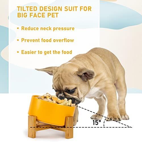 SPUNKYJUNKY 15° Slanted Ceramic Dog and Cat Bowl with Wooden Stand, Tilted Bulldog Food and Water Bowl No Slip Non-Spill for Cats Medium Dogs Big Face Pets 28.7 OZ (3.6 Cups, Yellow) - Image 2