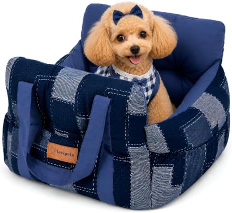 Denim Dog Car Seat for Small Dogs Up to 16 lbs, Thick Cushioned Puppy Booster Seat with Raised Sides, Plush Interior, Tether Clip, Nonslip Bottom, Adjustable Straps for Front & Rear Car Seats by Unknown