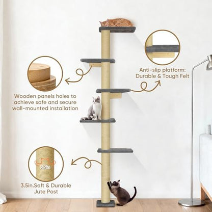 PAWSCRAT 5-Tier Wall-Mounted Cat Tree, 80-Inch Sisal Post, Darkgrey - Image 3