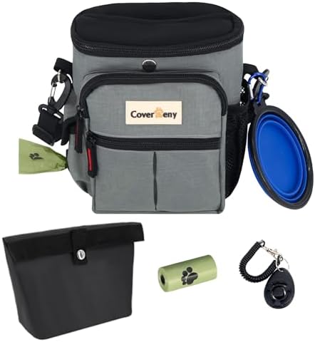 Dog Treat Pouch Open Top for Quick & Spill-Proof Access, Removable Pouch|Poop Bag Dispenser|3 Ways to Wear, Dog Treat Bag - Collapsible Bowl, Training Clicker & Poop Bag for Training & Walking. (Grey) by CoverGeny