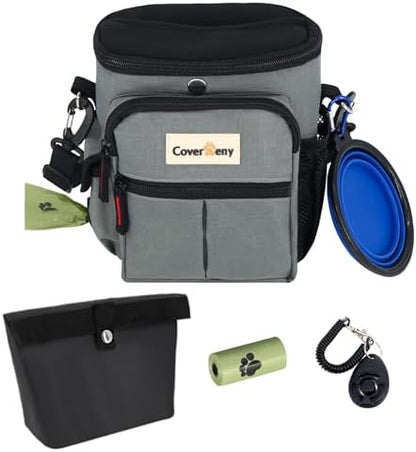 Dog Treat Pouch Open Top for Quick & Spill-Proof Access, Removable Pouch|Poop Bag Dispenser|3 Ways to Wear, Dog Treat Bag - Collapsible Bowl, Training Clicker & Poop Bag for Training & Walking. (Grey) by CoverGeny