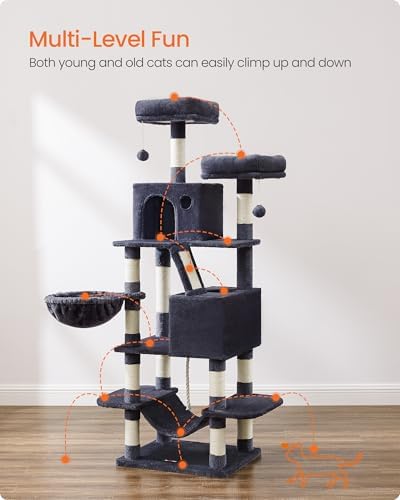 Feandrea Cat Tree, 66.1-Inch Large Cat Tower, Multi-Level Condo, Smoky Gray - Image 3