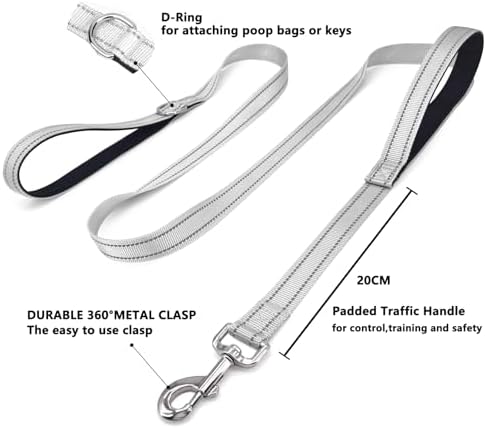 6 FT Silver Nylon Reflective Dog Leash for Large Dogs with 2 Padded Handle - Image 3