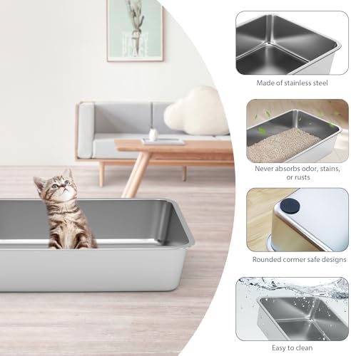 WENBOKMIN Stainless Steel Cat Litter Box - (17.7" L x 13.5" W x 4" H) | Non Slip, Easy to Clean, Never Absorbs Odor, Stains, or Rusts - Image 3