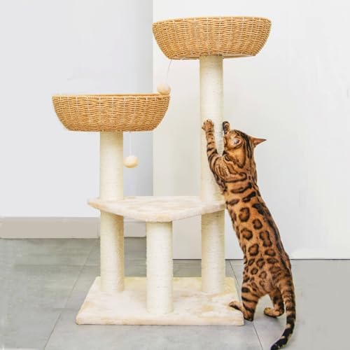 SHENGOCASE Cat Tree Tower with Rattan Wicker Basket, 2 Handwoven Large Nest Baskets Bed, Window Perch for Large Cats up to 20LBS - Image 2