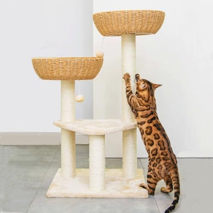 SHENGOCASE Cat Tree Tower with Rattan Wicker Basket, 2 Handwoven Large Nest Baskets Bed, Window Perch for Large Cats up to 20LBS - Image 2