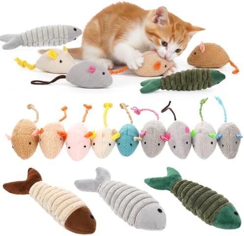 Leitee Cat Toys Bulk Plush Mice Set Fish for Indoor Kittens Puppies by Leitee