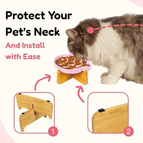 Elevated Slow Feeder Cat Bowl with Stand, 6.3''Ceramic Fish Maze Cat Food Bowl, Raised Whisker Friendly Wide Shallow Cat Dish for Wet & Dry Food, Non Slip Puzzle Feeder for Cats & Small Dogs (Pink) - Image 4