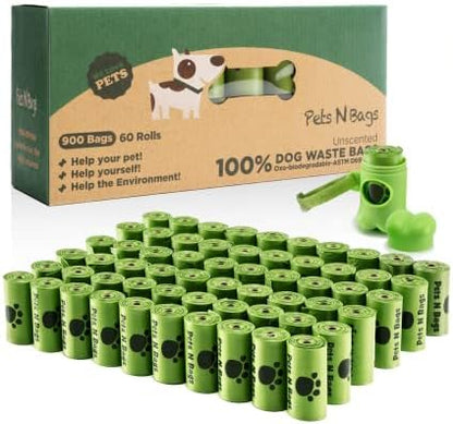 Dog Waste Poop Bags, Dog Bags for Poop, Refill Rolls (60 Rolls / 900 Count, Unscented), Includes Dispenser by Pets+N+Bags