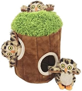 Glow Pups Dog Hide and Seek Toy, Interactive Burrow Dog Toy with Squeaker, Plush Owl in Tree for Small Dogs, Promotes Mental Stimulation, Woodland Style, Brown, 3-Pack