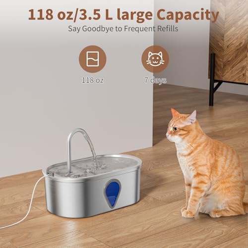 Cat Water Fountain Stainless Steel, 3.5l/118oz Cat Fountain with Water Level Window Silent Pet Fountain for Drinking, Automatic Cat Water Dispenser Indoor（118oz） - Image 4