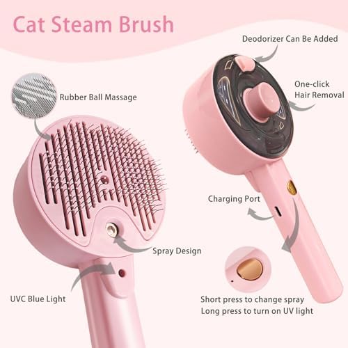 Cat Steam Brush for Shedding, Steamy Dog Grooming Brush with 2-Speed Spray, Blue Light and Release Button, Rechargeable Water Pet Hair Brushes Wet Self Cleaning Spa Comb - Image 4