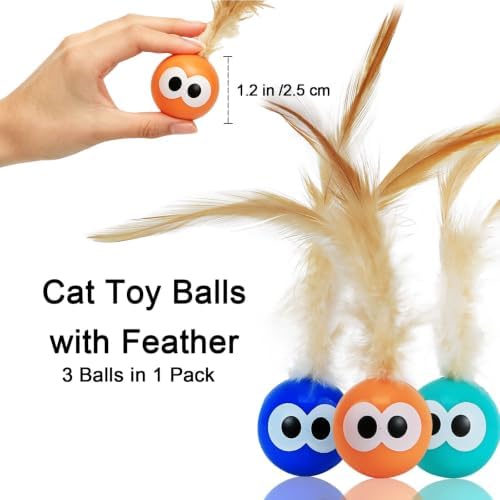 Bouncy Cat Toys with Feathers 3-Pack, Interactive Rubber Ball with Goofy Eyes and Natural Tail for Indoor Cats & Kittens, High Elastic Bouncing Toy for Chase Hunt Play - Image 2