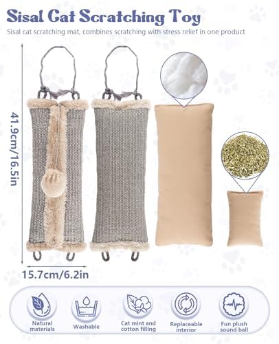 16.5" Sisal Catnip Kicker Toy for Indoor Cats,Heavy Duty Cat Scratching Pillow with 24" Bonus Rope,Washable & Refillable Catnip Toy for Aggressive Kickers,Chewing & Teething, Sisal Mat Texture (Grey) - Image 2