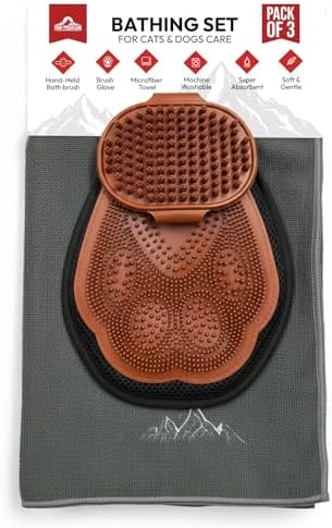PM Pet Grooming Tools for Dogs & Cats- 3 Pack Dog Bathing Set- Safe On Skin Super-Absorbent Microfiber Towel – Soft & Gentle Brush Glove and Hand-Held Dog Bath Brush- Paw Mountain by Unknown