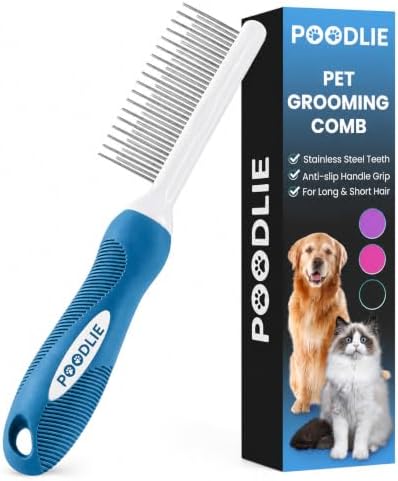 Poodle Grooming Comb - Metal Dematting Comb with Long & Short Stainless Steel Teeth for Removing Matted Hair & Knots, Safe and Gentle for Dogs & Cats by Poodlie