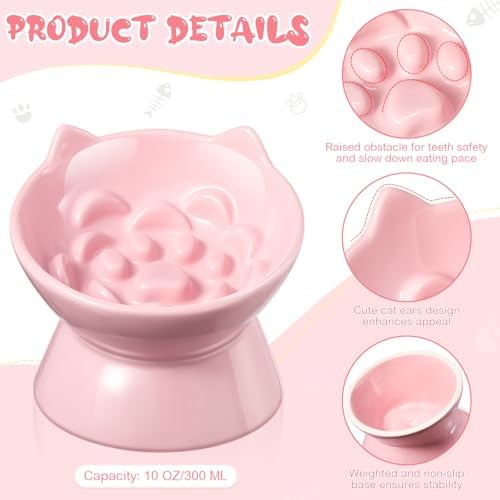 Funnymoom 2 Pcs Ceramic Raised Slow Feeder Cat Bowl, 5.91inch Elevated Cat Slow Feeder Bowl Tilted Anti Vomiting for Dry Wet Food and Water Easy to Clean High Edge(Dark Green, Pink) - Image 3