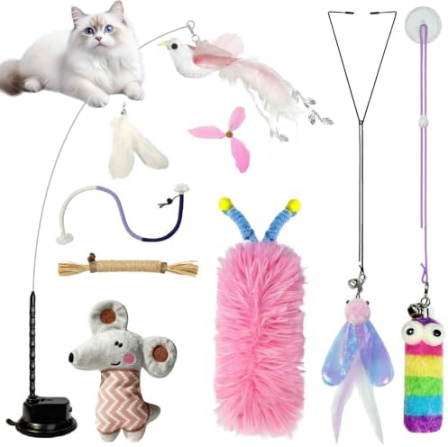 7-in-1 Kitten Toys for Indoor Cats with Washable Adhesive Suction Cup, Hanging Interactive Cat Toys, Silvervine Stick and Sisal Chew Rope Catnip Teething Toy for Bored Kitten (Pink) by CUUOOT