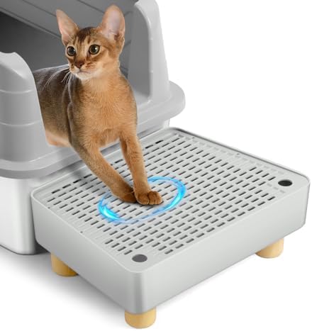Extra Large Cat Litter Box Step Ramp, Cat's Litter Catcher Mat with Wooden Feet, Filter Function, Pedal Stool for Self-Cleaning Cat Litter Box, Ideal for Kitten & Elderly Cats (Light Grey) by Bartuke