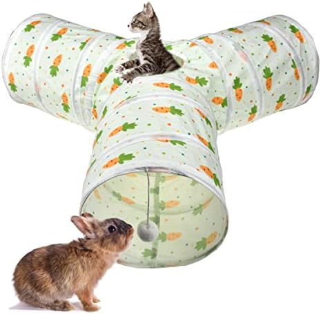 Bunny Rabbit Tunnels Rabbit Cat 3 Way Collapsible Tunnel with Cute Carrot Patterns Small Pet Hideout Activity Tunnel Tube Toy for Bunny Kitten Cat Dwarf Guinea Pig Y Shape by Vehomy