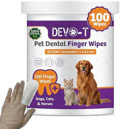DEVO-T 100% Natural Dog Teeth Cleaning Wipes Unscented | 100 Count | Pet Teeth Cleaning Finger Wipes for Dogs, Cats & Horses | Remove Bad Breath, Plaque & Tartar Buildup | Dog Dental Wipes Finger by Unknown