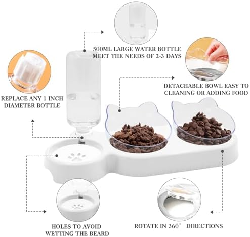 Triple Dog 3-in-1 Tilt Cat Bowls - Double Food Bowls with Automatic Water Bottle, Removable Wet & Dry Food Bowl Set for Small Cats & Puppies (White) - Image 3